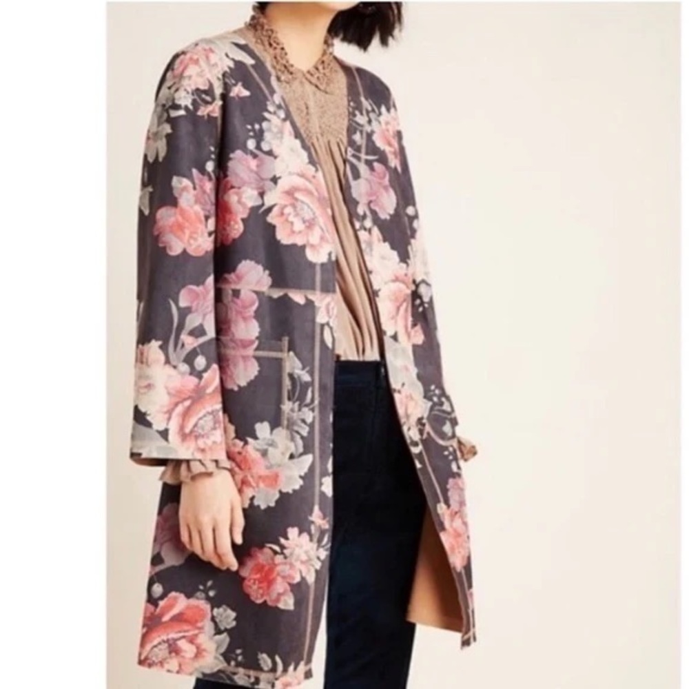 Anthropologie Faux Suede Floral Long Jacket